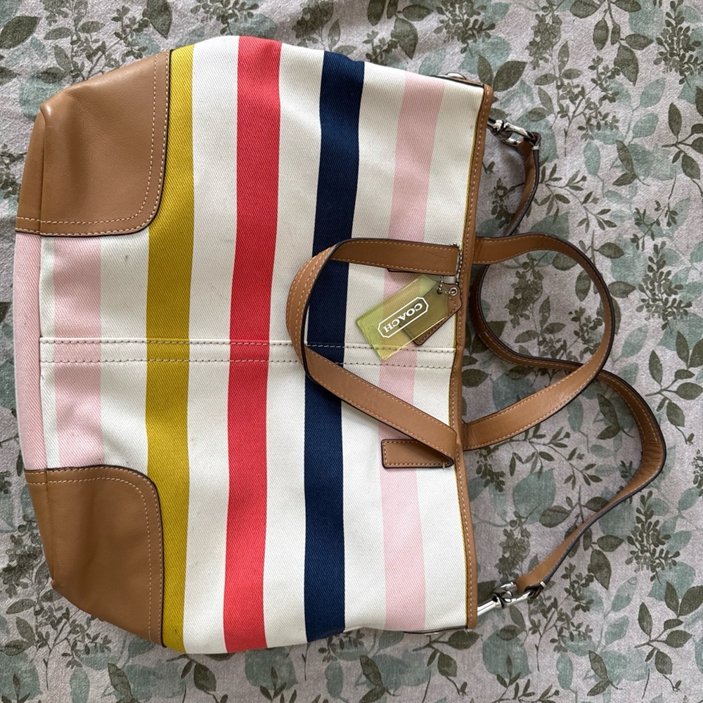 Coach Pink, Yellow, and Blue Striped Tote